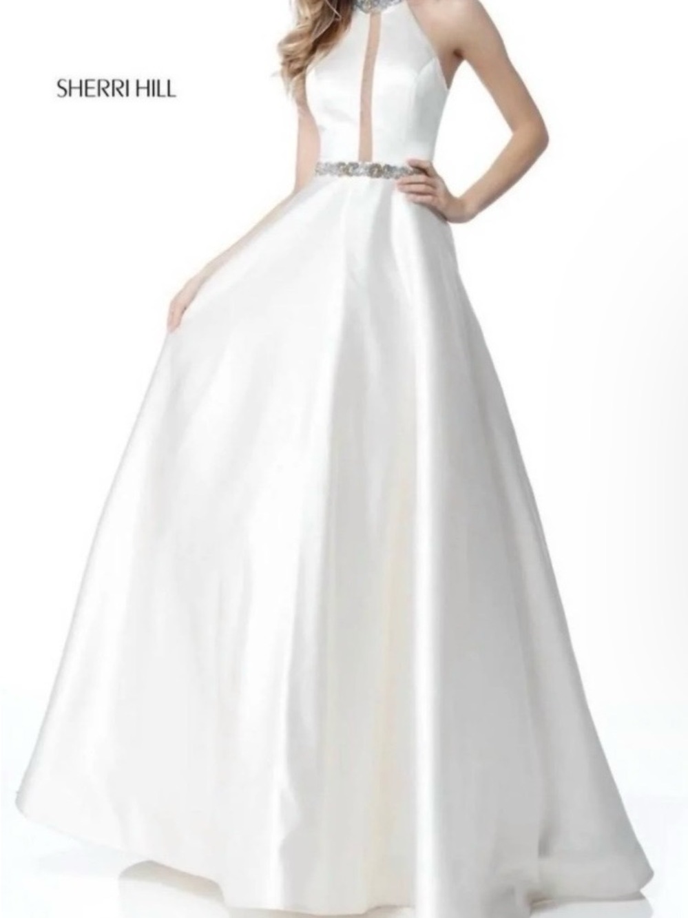 Sherri Hill White Satin Halter Ball Gown with Jeweled Waist